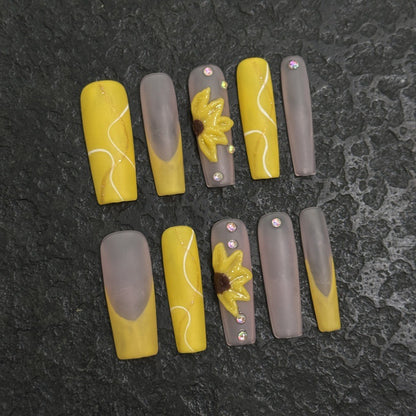 Yellow Press On Nail Set with Rhinestones and Elegant Details