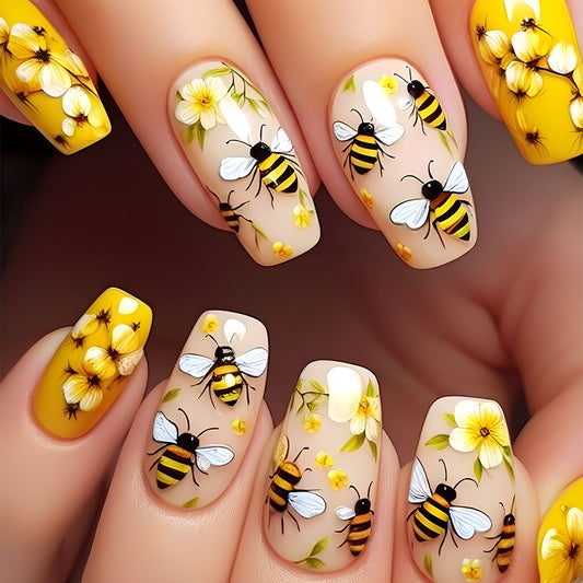 Yellow bee floral press on nails with 3D flowers, handmade luxury fake nails
