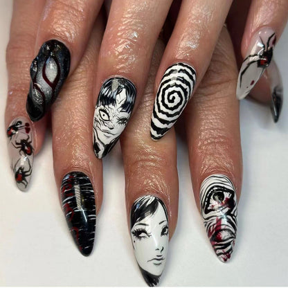 Anime horror press on nails with black white red manga inspired nail art