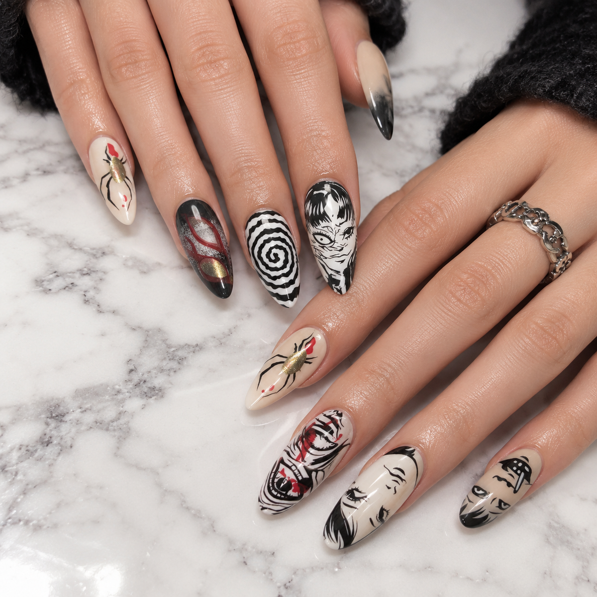 Full set of anime inspired press on nails with unique manga nail designs