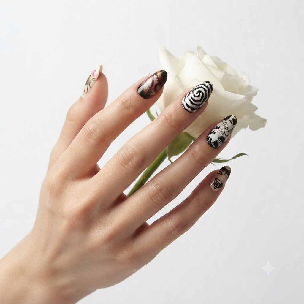 Handmade anime manga press on nails with detailed black red nail art