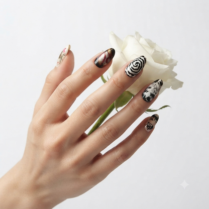Handmade anime manga press on nails with detailed black red nail art
