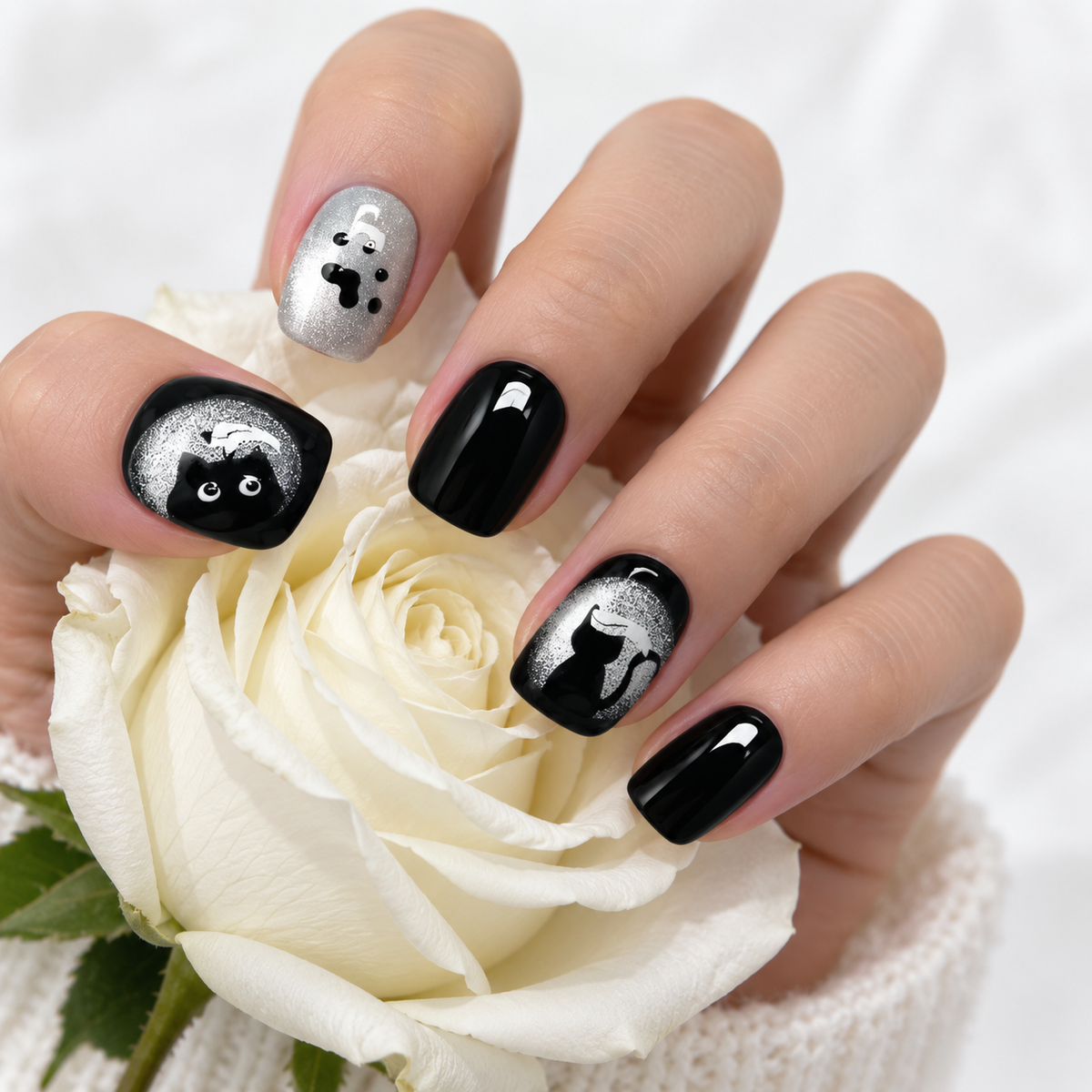Cute black cat press-on nails with silver glitter and paw print details