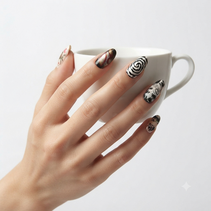 Horror anime press on nails in black white and red with detailed character designs