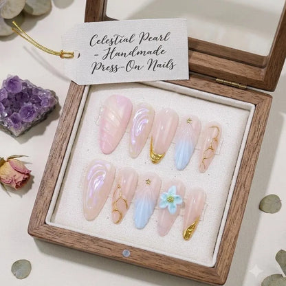 Luxury Pearl French Almond Press On Nails – 3D Flower & Gold Shell Design