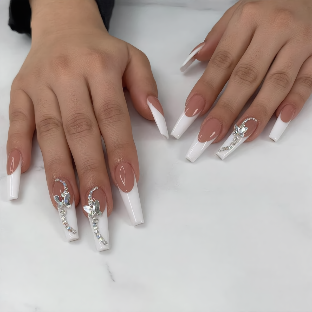 Luxury White French Butterfly Press On Nails – Crystal Coffin Design