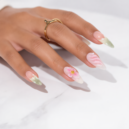 Pastel Floral Sage Green Almond Press On Nails