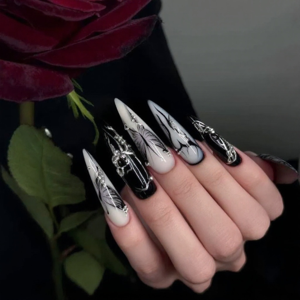 Metallic Illusion Black & Silver Almond Nails