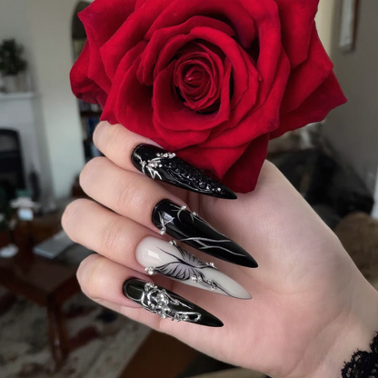 Metallic Illusion Black & Silver Almond Nails