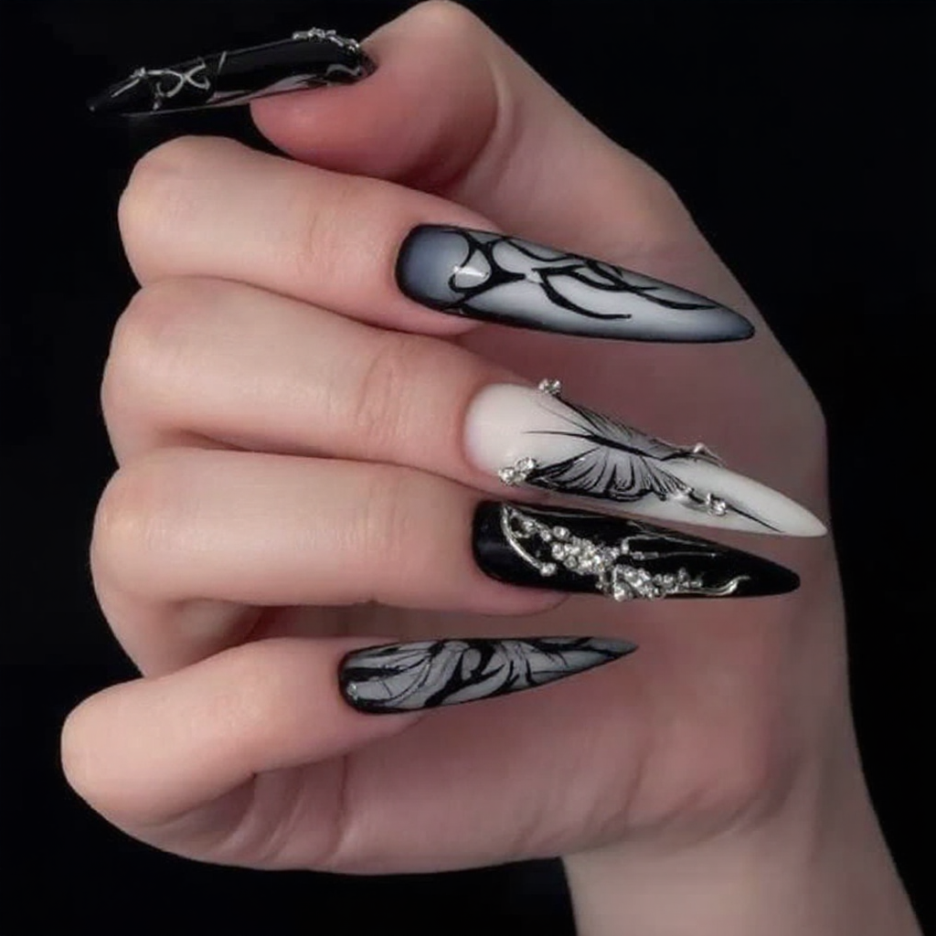 Metallic Illusion Black & Silver Almond Nails