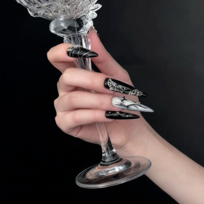 Metallic Illusion Black & Silver Almond Nails