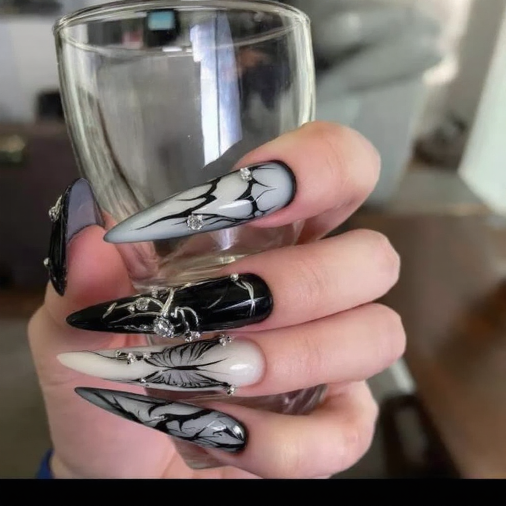 Metallic Illusion Black & Silver Almond Nails