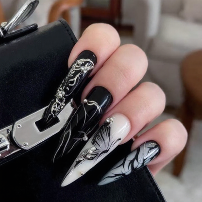 Metallic Illusion Black & Silver Almond Nails