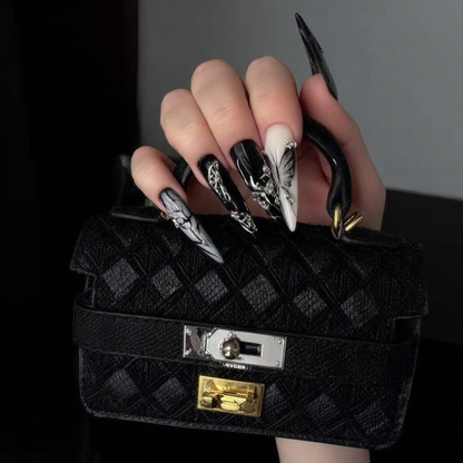Metallic Illusion Black & Silver Almond Nails