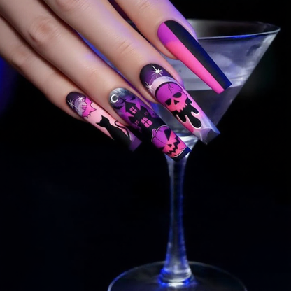Pink & Purple Halloween Press-On Nails – Skull, Cat & Haunted House