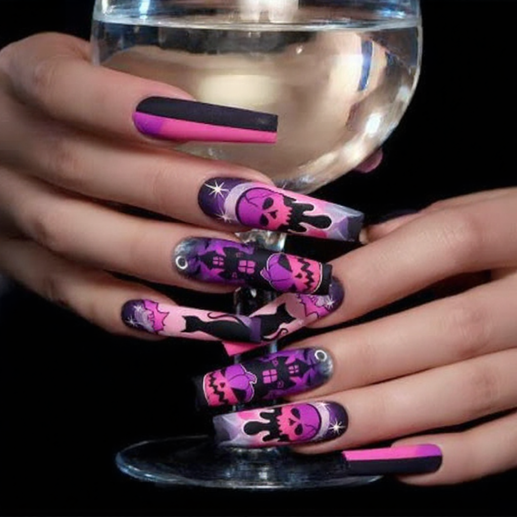Pink & Purple Halloween Press-On Nails – Skull, Cat & Haunted House