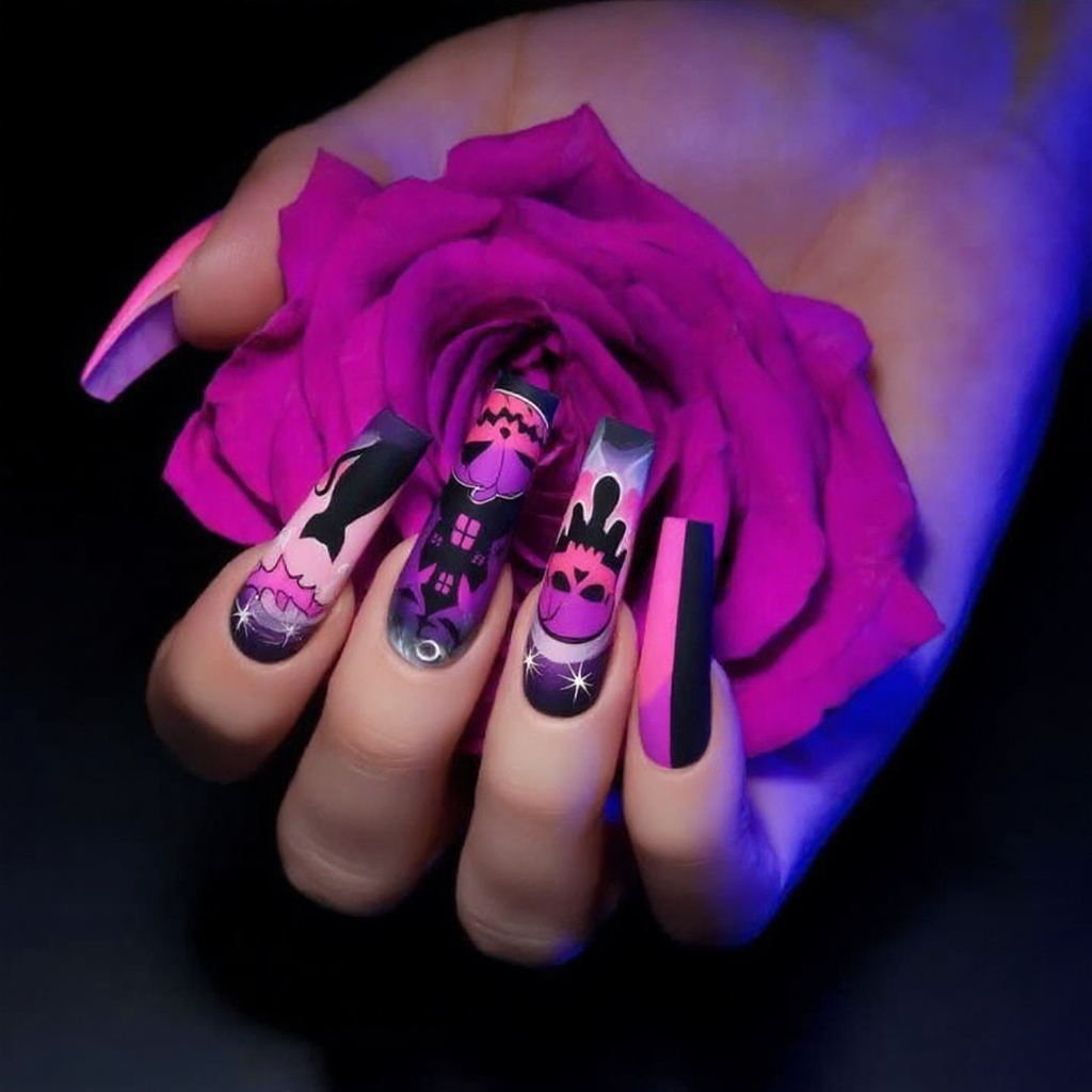 Pink & Purple Halloween Press-On Nails – Skull, Cat & Haunted House