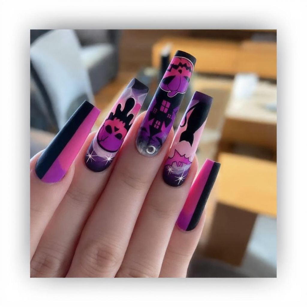 Pink & Purple Halloween Press-On Nails – Skull, Cat & Haunted House