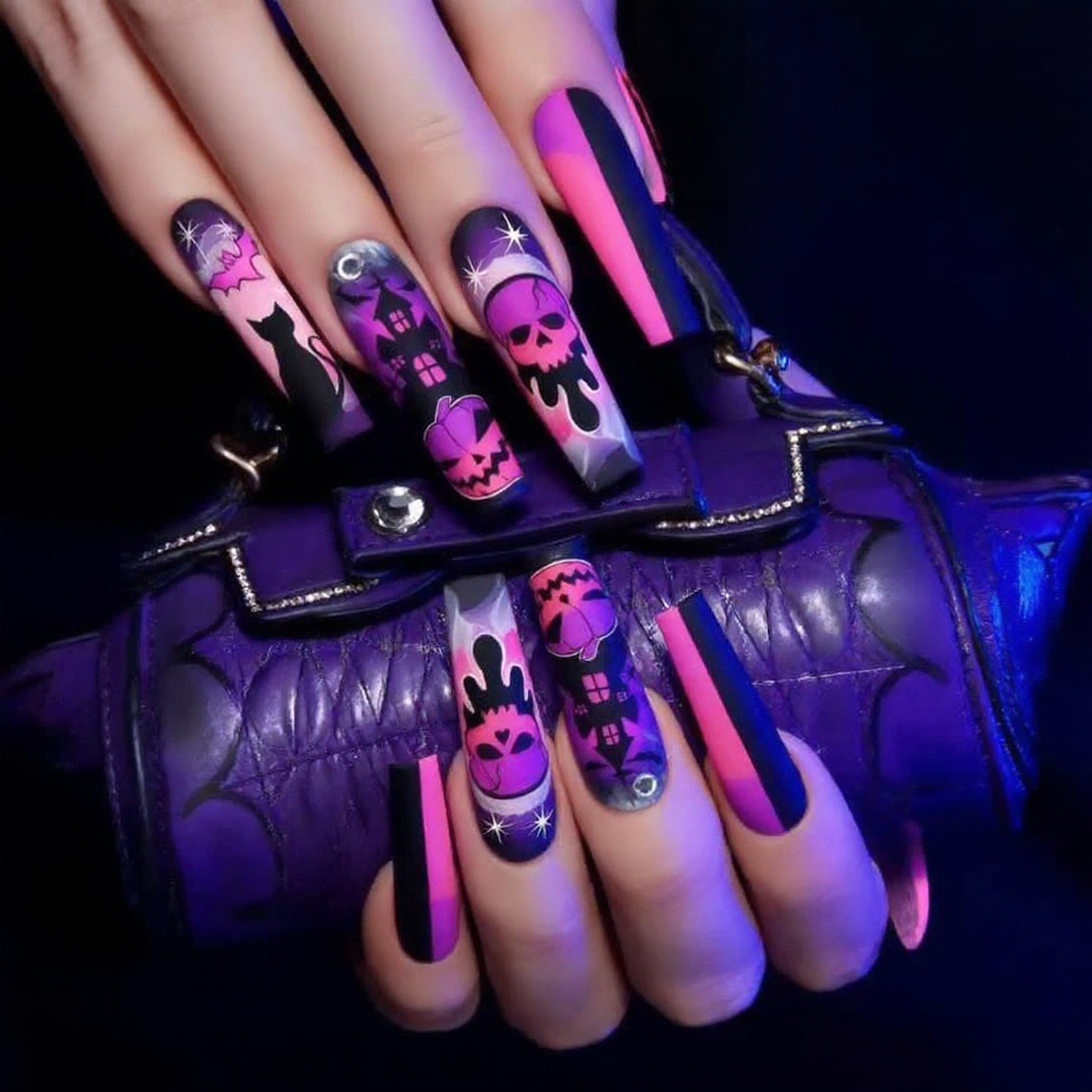 Pink & Purple Halloween Press-On Nails – Skull, Cat & Haunted House