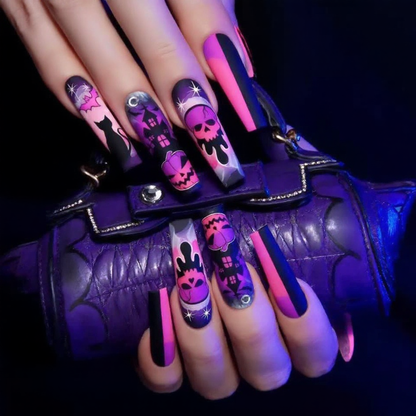 Pink & Purple Halloween Press-On Nails – Skull, Cat & Haunted House