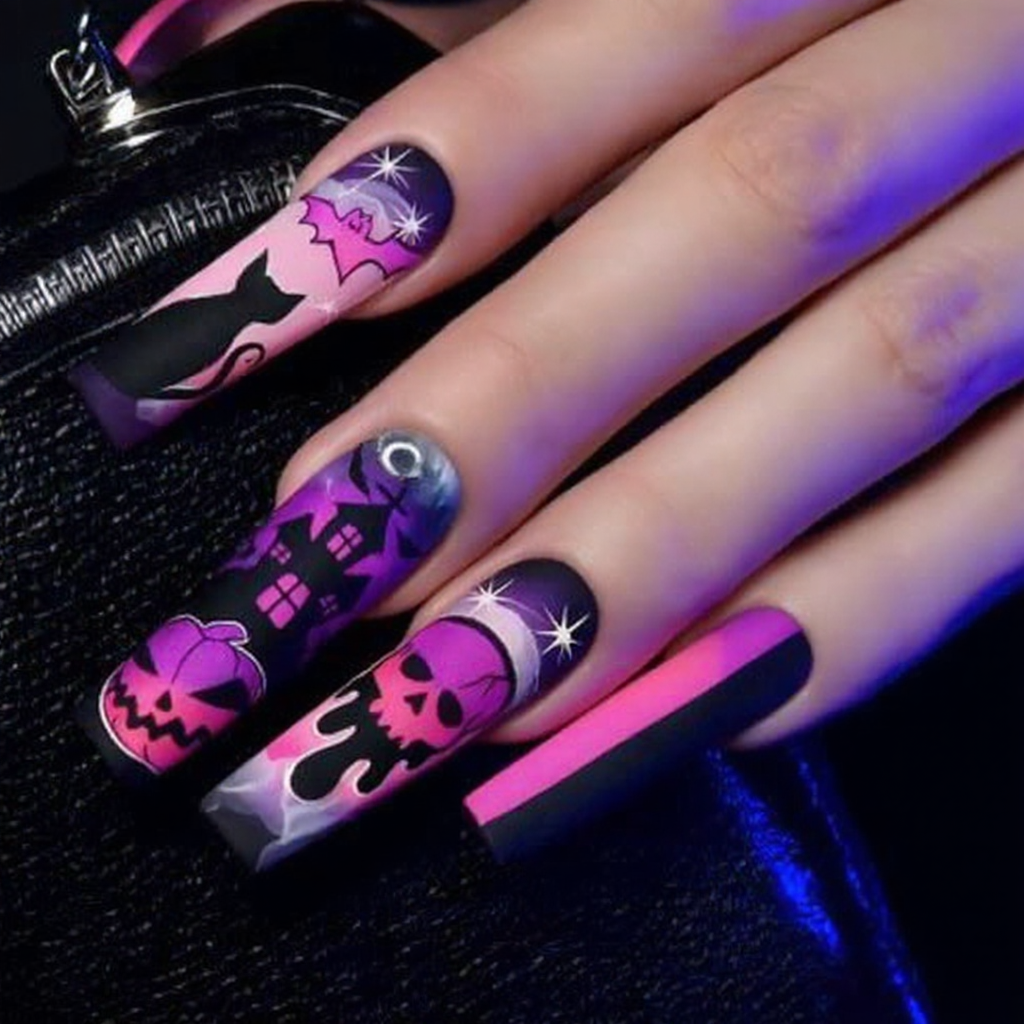 Pink & Purple Halloween Press-On Nails – Skull, Cat & Haunted House
