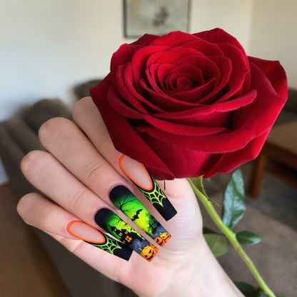 Neon Green Halloween Press-On Nails – Pumpkin, Bat & Haunted House