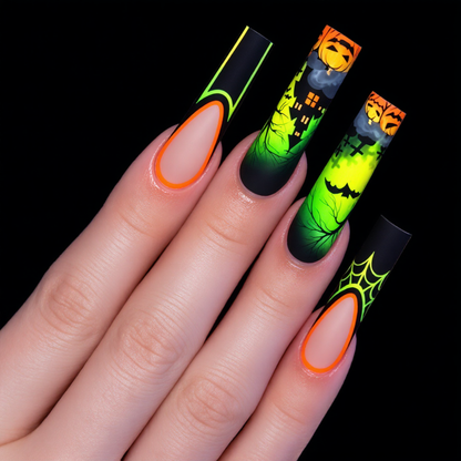 Neon Green Halloween Press-On Nails – Pumpkin, Bat & Haunted House