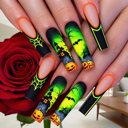 Neon Green Halloween Press-On Nails – Pumpkin, Bat & Haunted House