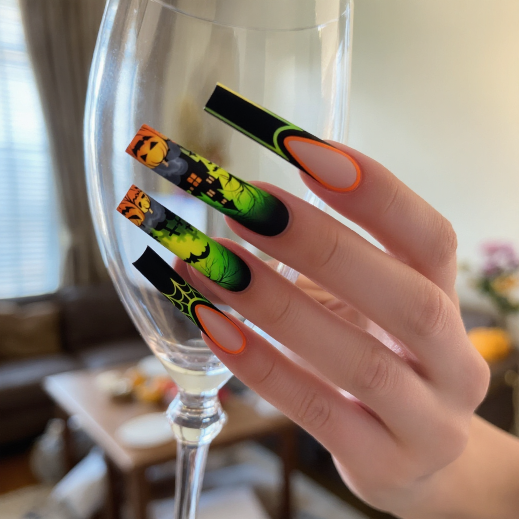 Neon Green Halloween Press-On Nails – Pumpkin, Bat & Haunted House