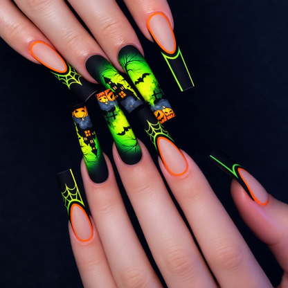 Neon Green Halloween Press-On Nails – Pumpkin, Bat & Haunted House