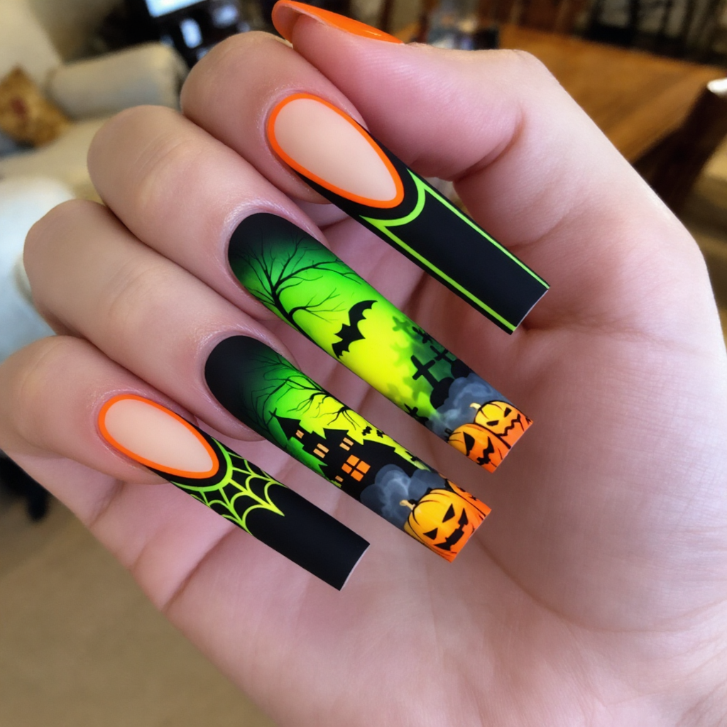 Neon Green Halloween Press-On Nails – Pumpkin, Bat & Haunted House