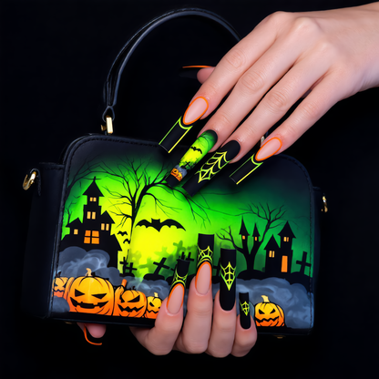 Neon Green Halloween Press-On Nails – Pumpkin, Bat & Haunted House