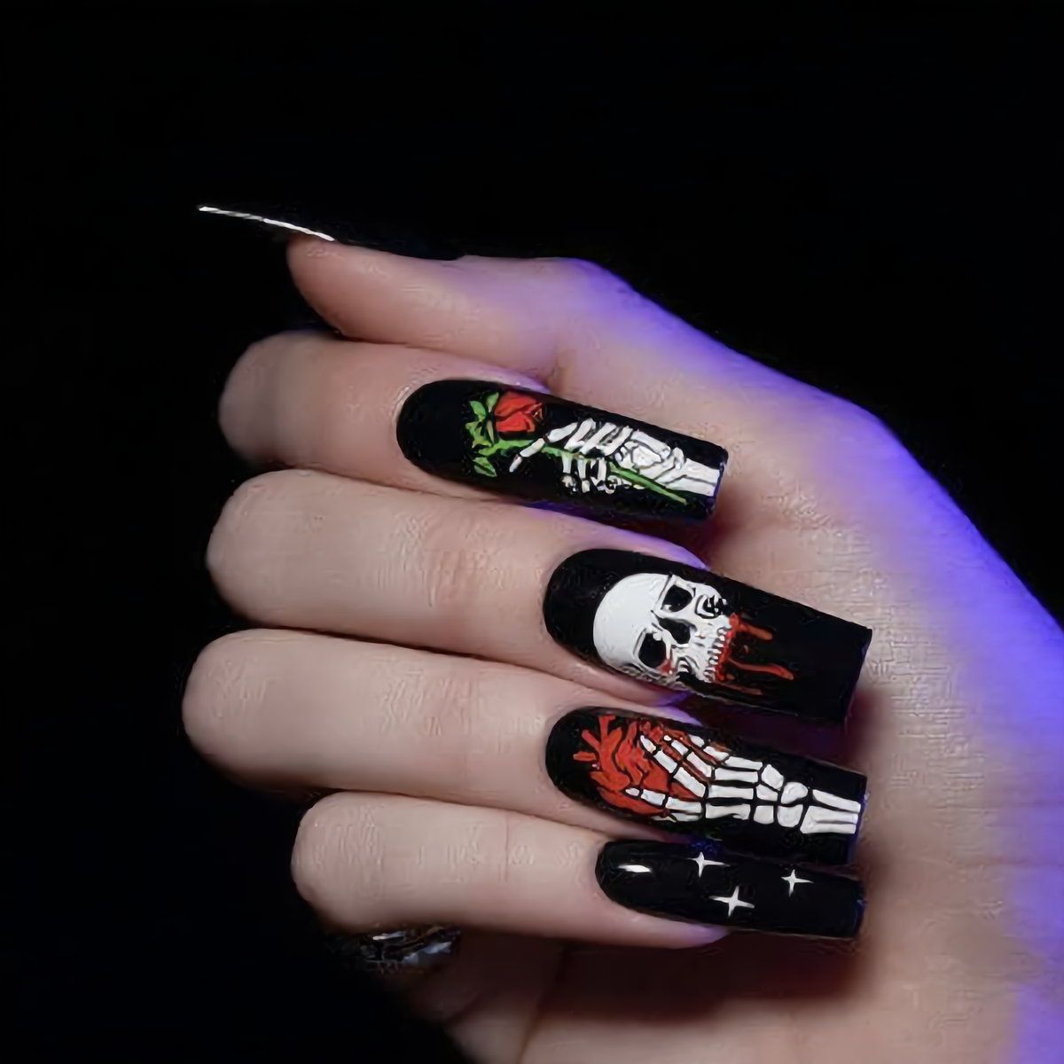 Gothic Skull & Skeleton Halloween Press-On Nails – Black & Red Coffin Nails