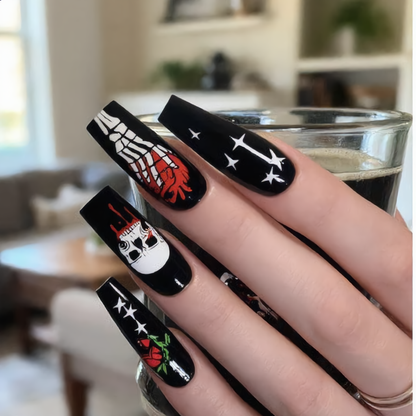 Gothic Skull & Skeleton Halloween Press-On Nails – Black & Red Coffin Nails