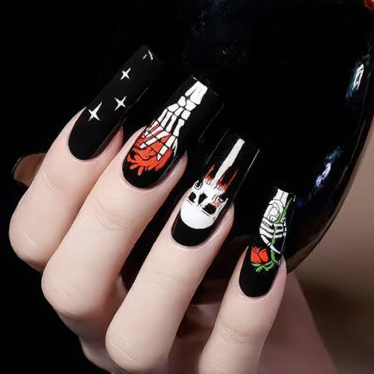 Gothic Skull & Skeleton Halloween Press-On Nails – Black & Red Coffin Nails