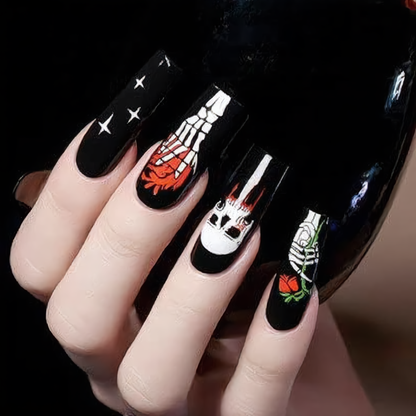 Gothic Skull & Skeleton Halloween Press-On Nails – Black & Red Coffin Nails