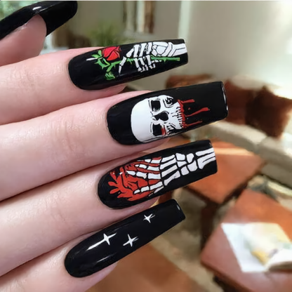 Gothic Skull & Skeleton Halloween Press-On Nails – Black & Red Coffin Nails