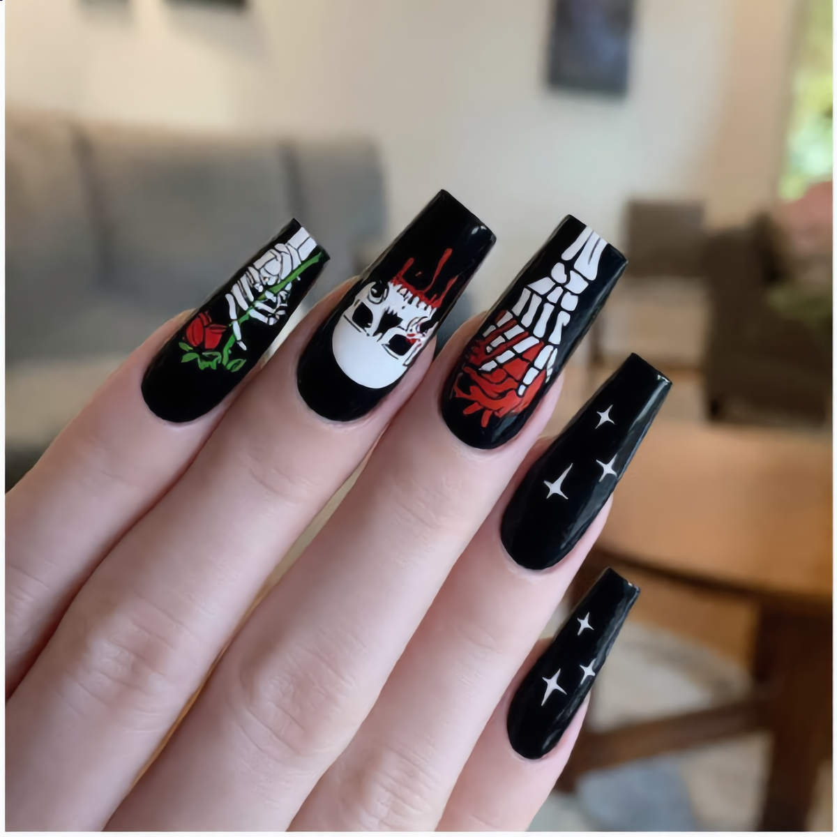 Gothic Skull & Skeleton Halloween Press-On Nails – Black & Red Coffin Nails