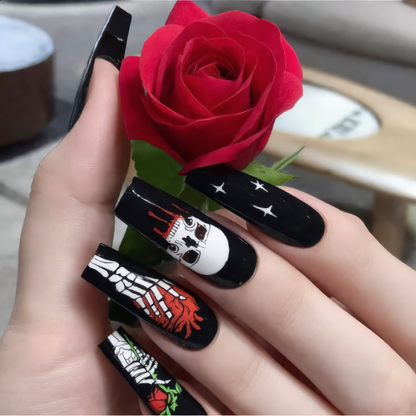 Gothic Skull & Skeleton Halloween Press-On Nails – Black & Red Coffin Nails