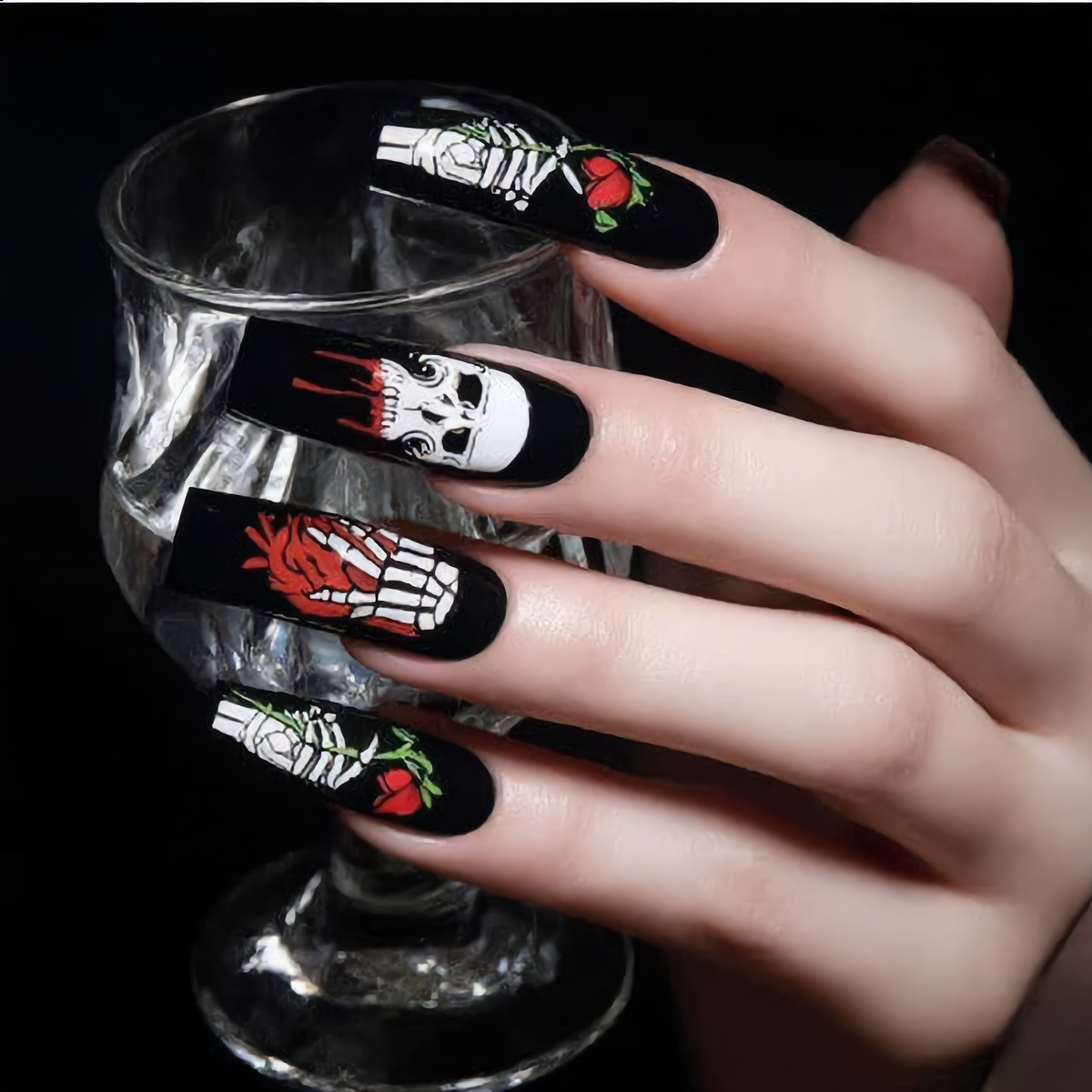 Gothic Skull & Skeleton Halloween Press-On Nails – Black & Red Coffin Nails
