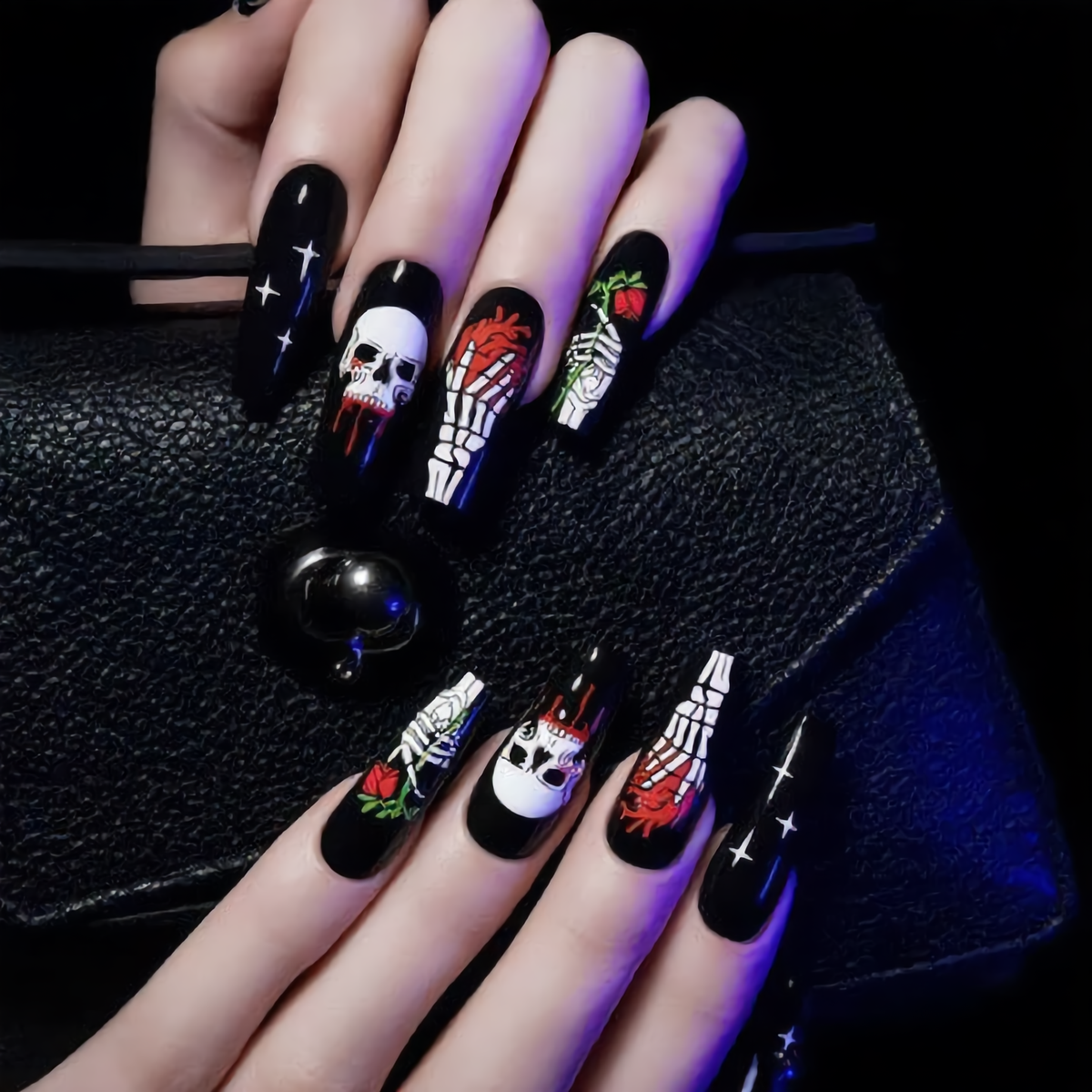 Gothic Skull & Skeleton Halloween Press-On Nails – Black & Red Coffin Nails