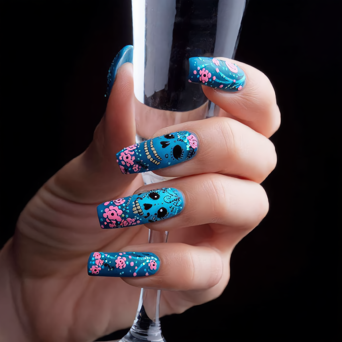 Blue Sugar Skull Press-On Nails – Pink Floral Gothic Coffin Nails