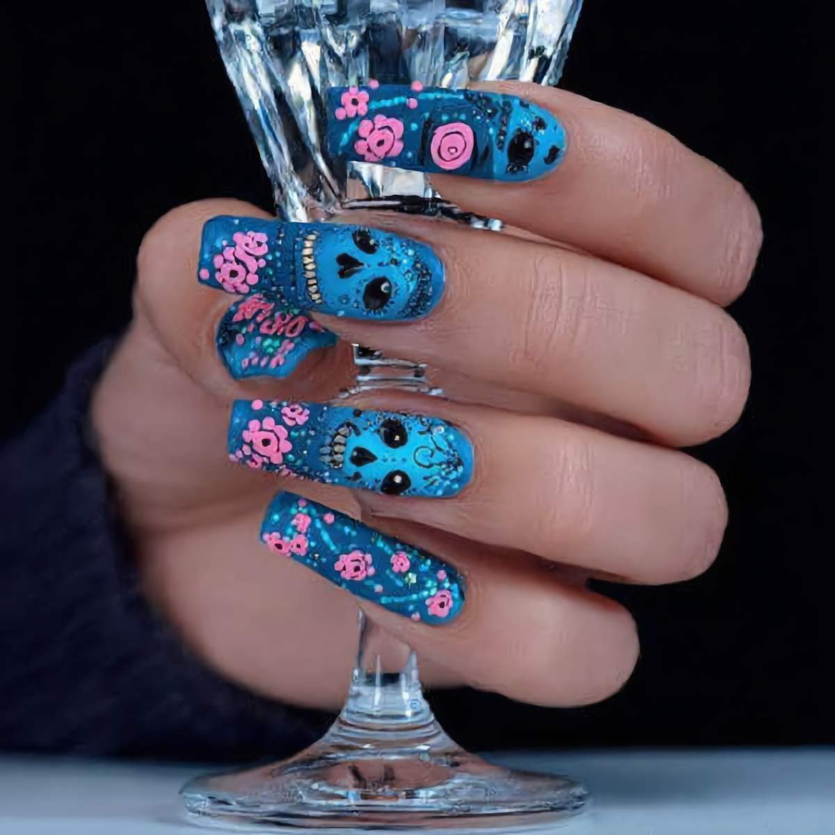 Blue Sugar Skull Press-On Nails – Pink Floral Gothic Coffin Nails