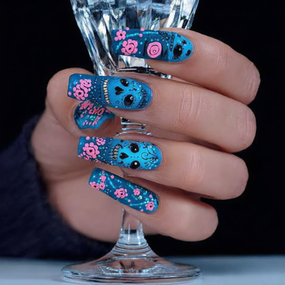 Blue Sugar Skull Press-On Nails – Pink Floral Gothic Coffin Nails