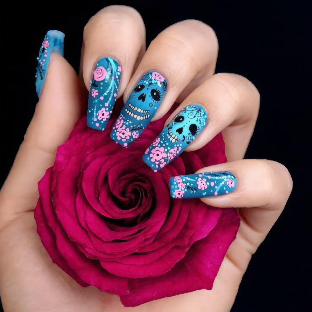 Blue Sugar Skull Press-On Nails – Pink Floral Gothic Coffin Nails