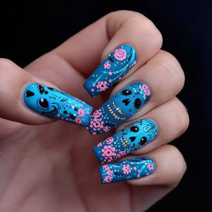 Blue Sugar Skull Press-On Nails – Pink Floral Gothic Coffin Nails