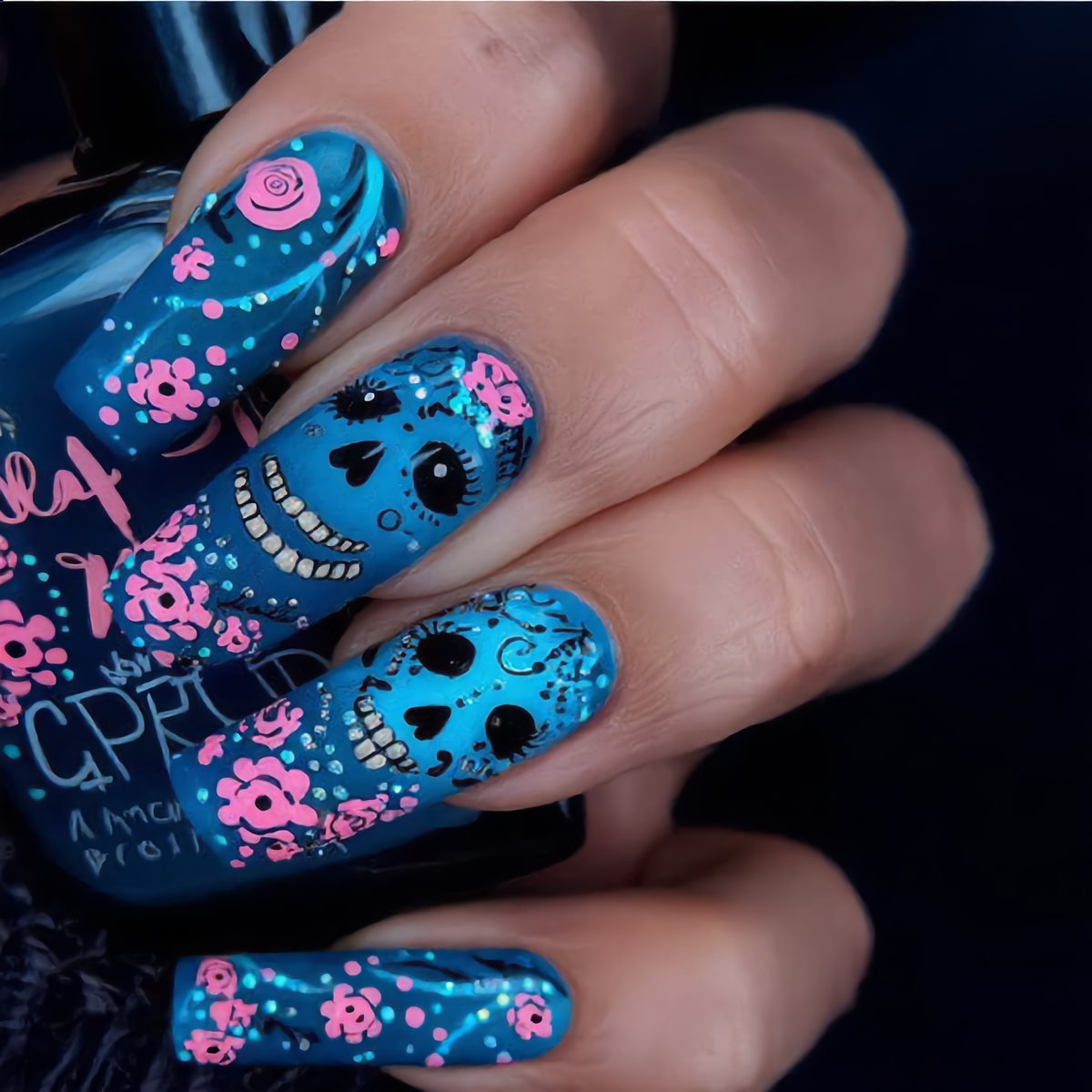 Blue Sugar Skull Press-On Nails – Pink Floral Gothic Coffin Nails