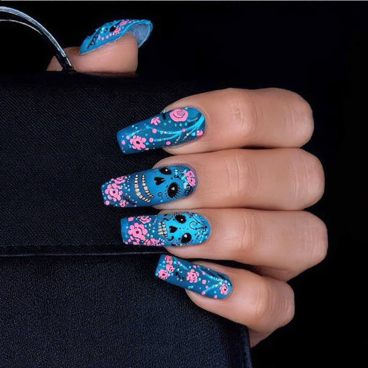 Blue Sugar Skull Press-On Nails – Pink Floral Gothic Coffin Nails