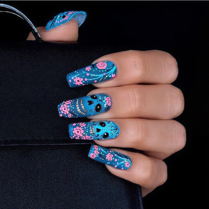 Blue Sugar Skull Press-On Nails – Pink Floral Gothic Coffin Nails