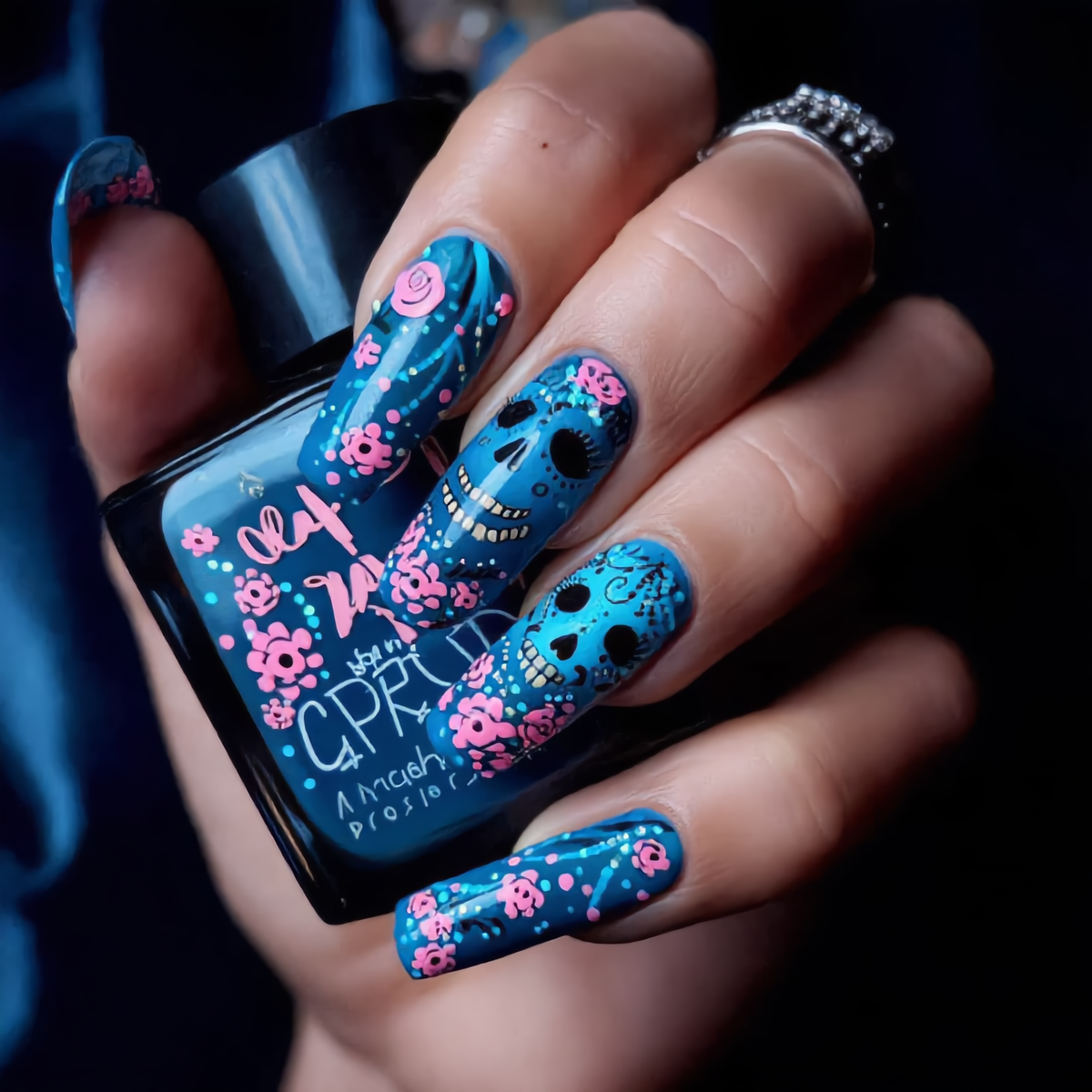 Blue Sugar Skull Press-On Nails – Pink Floral Gothic Coffin Nails